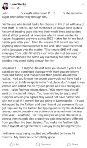 screenshot of a december 2025 luke wenke facebook post saying he's remorseless for his crimes against stalking victim katie