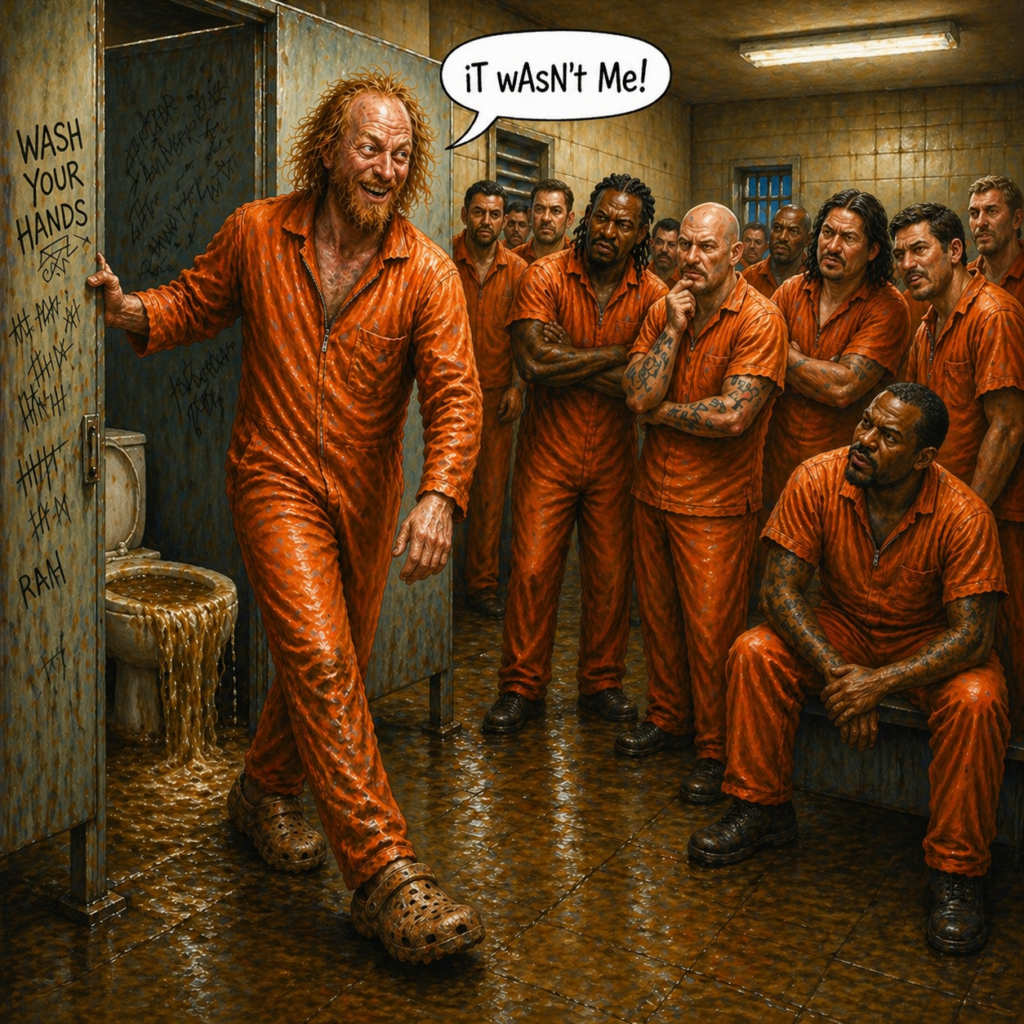 Satirical illustration of a Luke Wenke lookalike leaving a filthy jail bathroom while telling other inmates, “It wasn’t me!”