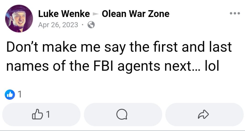 screenshot of a luke wenke facebook post taunting the fbi april 2023