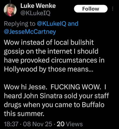 luke wenke obsesses angrily over singer jesse mccartney in an x/twitter post november 2025