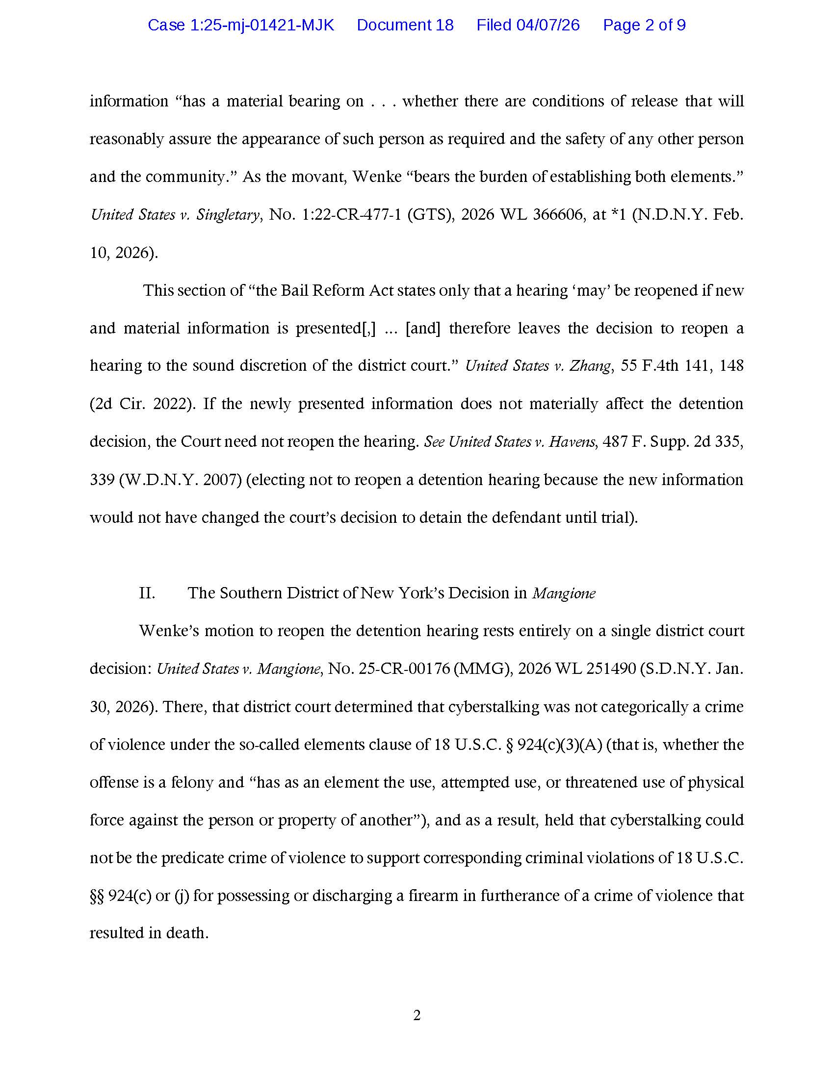 Federal court filing discussing Luke Wenke’s reliance on the Luigi Mangione cyberstalking ruling in his bid to reopen his detention hearing