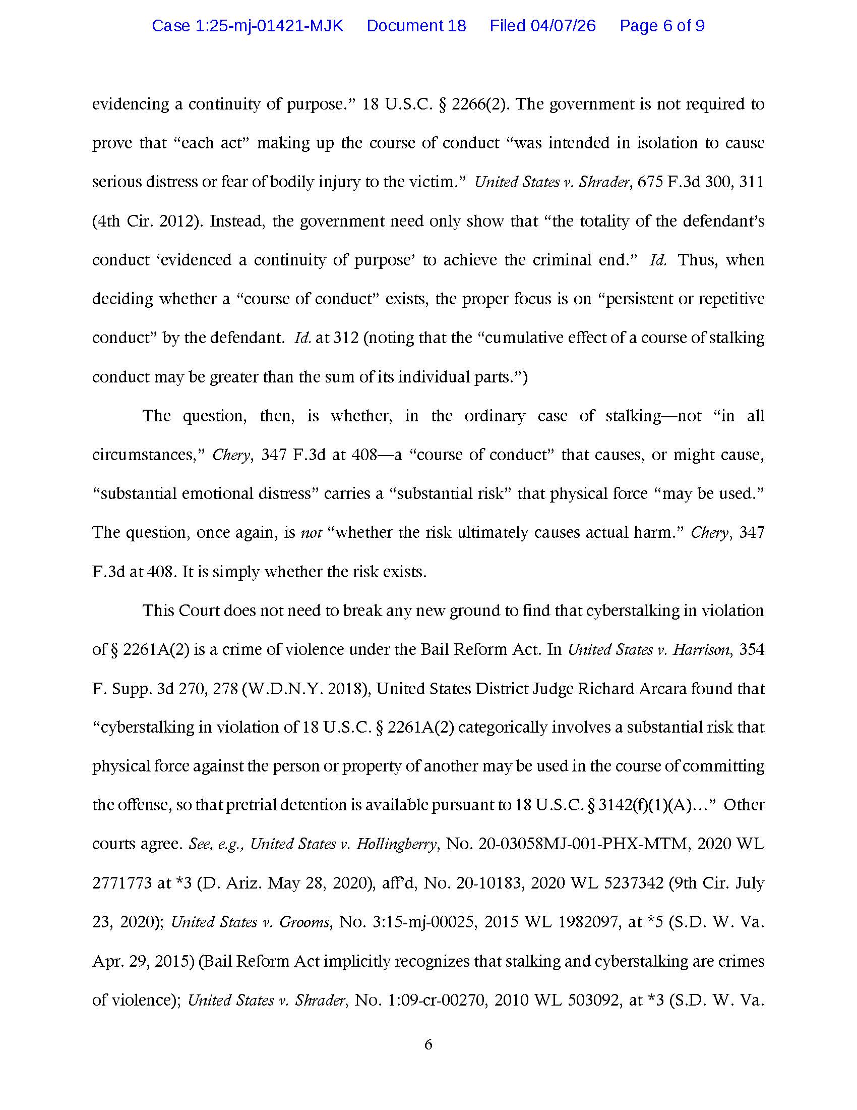 Federal court filing citing cases finding cyberstalking can qualify as a crime of violence in support of Luke Wenke’s pretrial detention