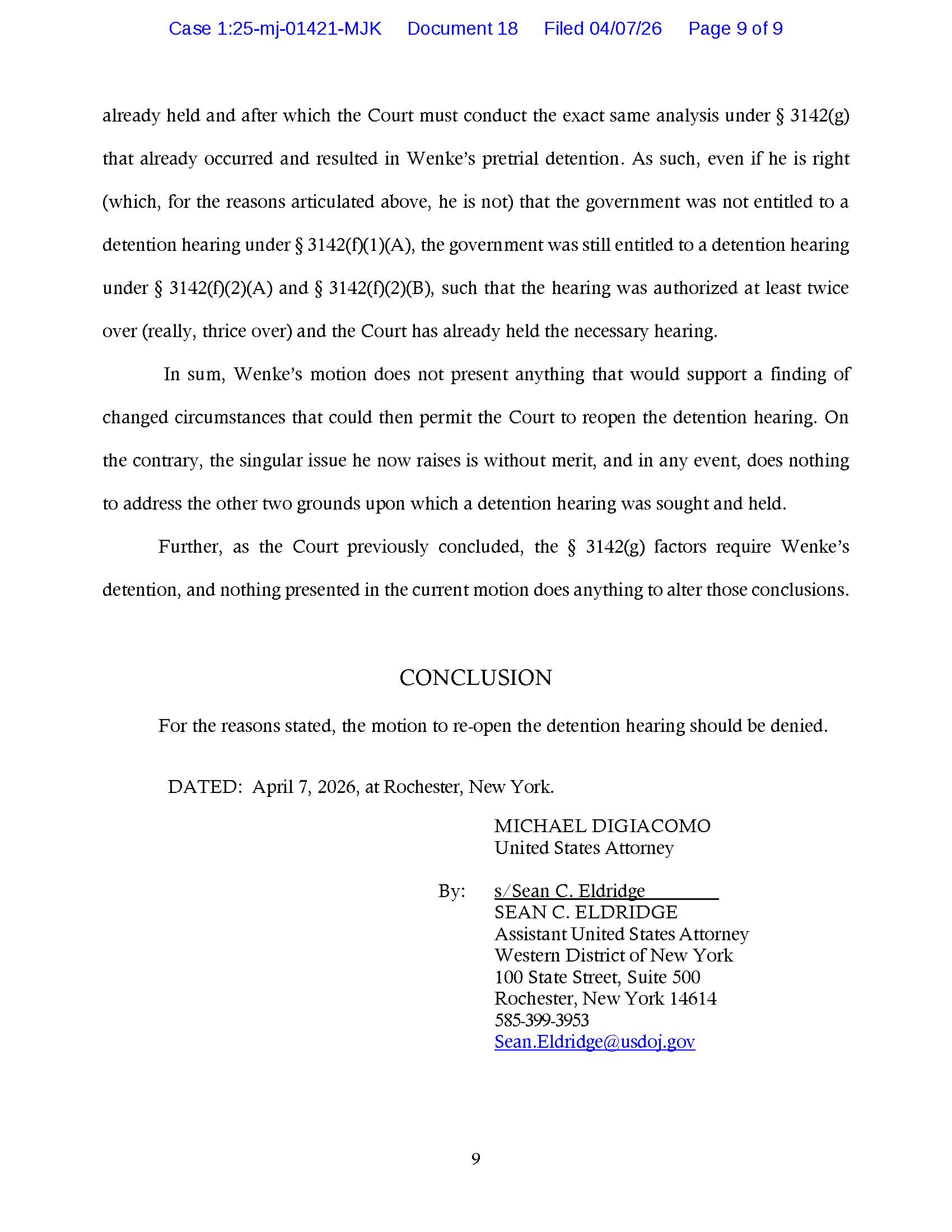 Final page of federal prosecutors’ opposition asking the court to deny Luke Wenke’s motion to reopen his detention hearing