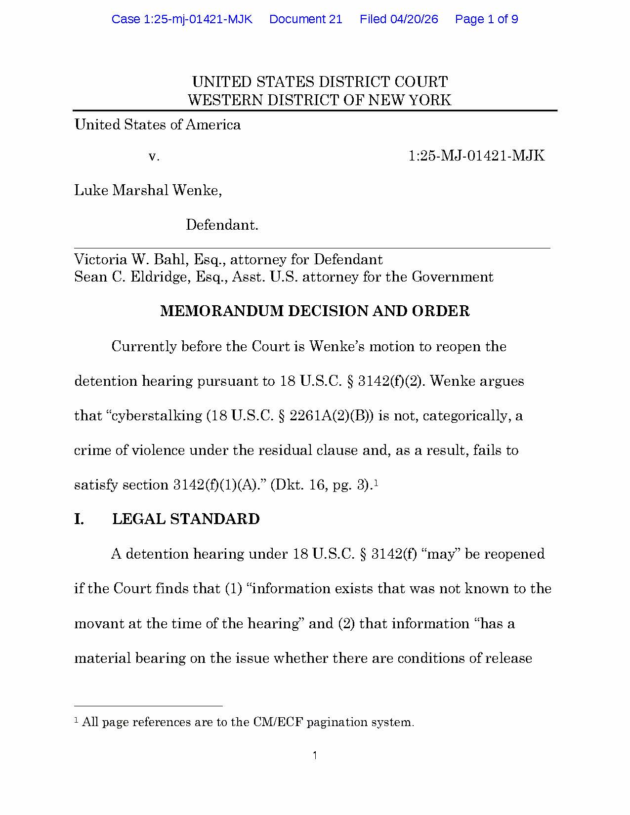 Page 1 of an April 20, 2026 federal court decision addressing Luke Wenke’s motion to reopen his detention hearing and his argument that cyberstalking is not categorically a crime of violence.