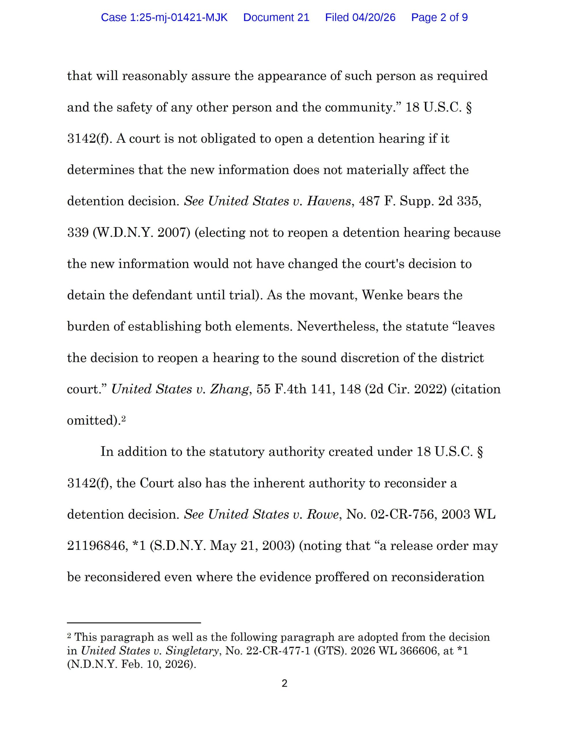 Page 2 of an April 20, 2026 federal court decision explaining the legal standard governing Luke Wenke’s request to reopen his detention hearing.