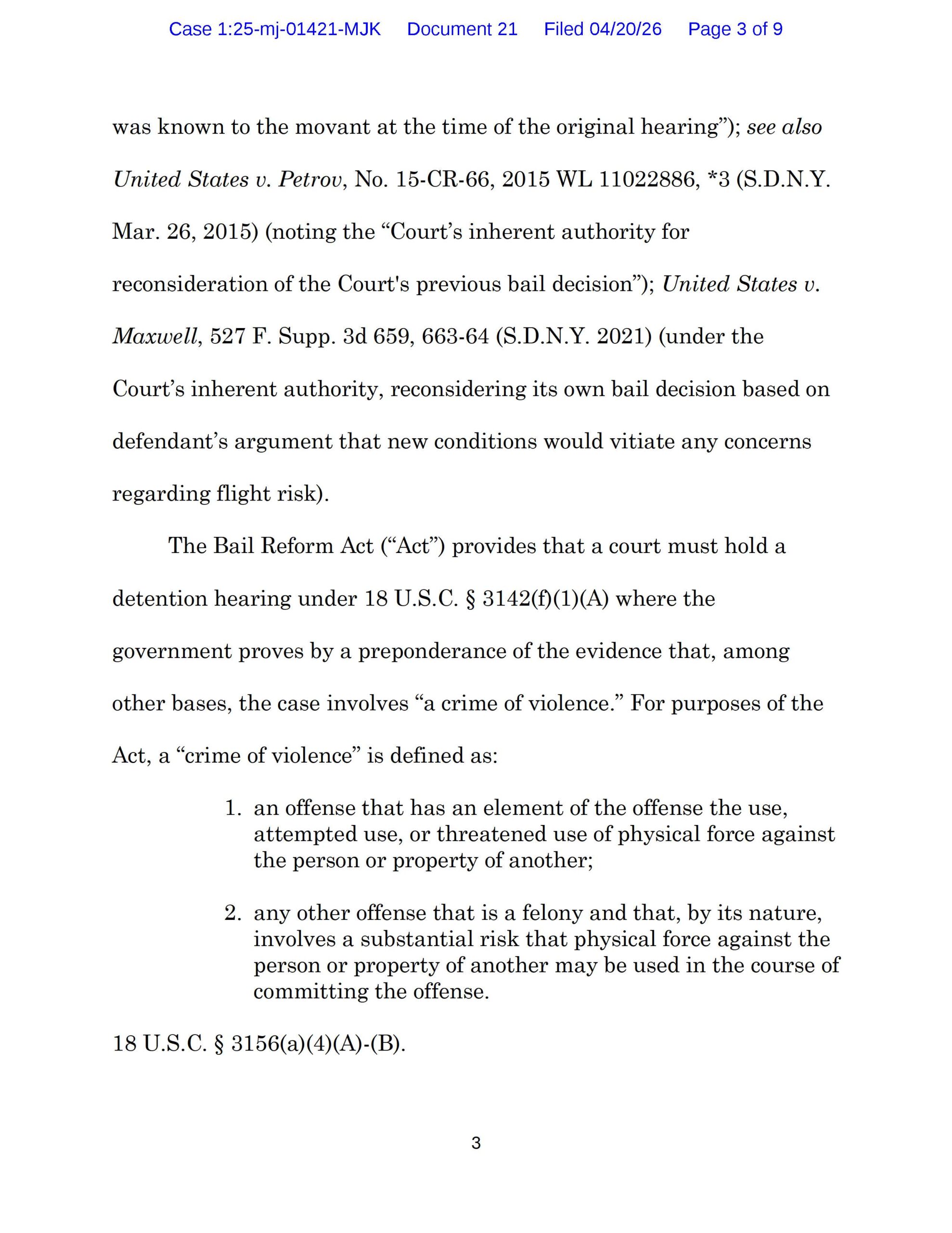 Page 3 of the April 20, 2026 decision in Luke Wenke’s case explaining the Bail Reform Act’s definition of a “crime of violence” for detention purposes.