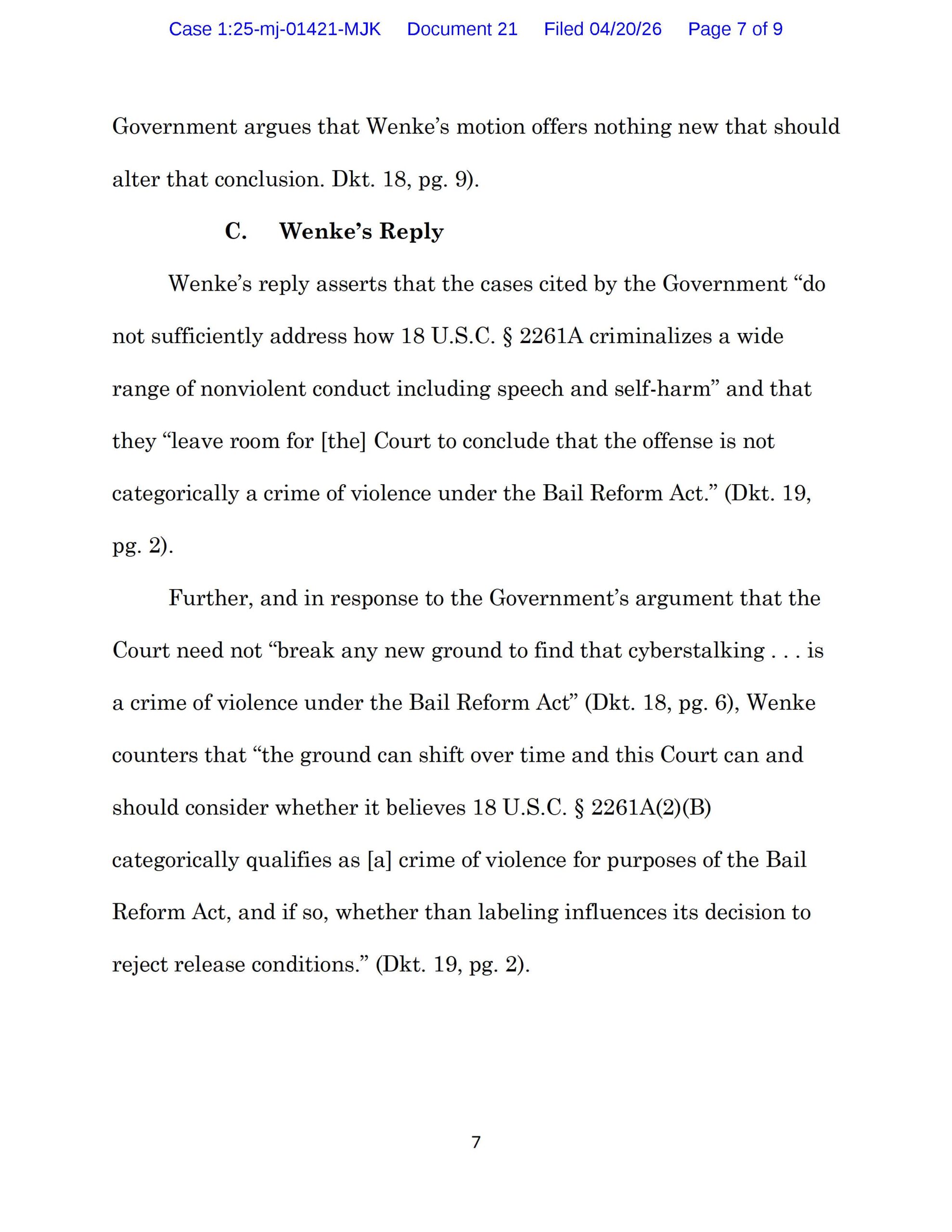 Page 7 of the April 20, 2026 decision summarizing Luke Wenke’s argument that cyberstalking can involve nonviolent conduct and should not categorically qualify as a crime of violence.
