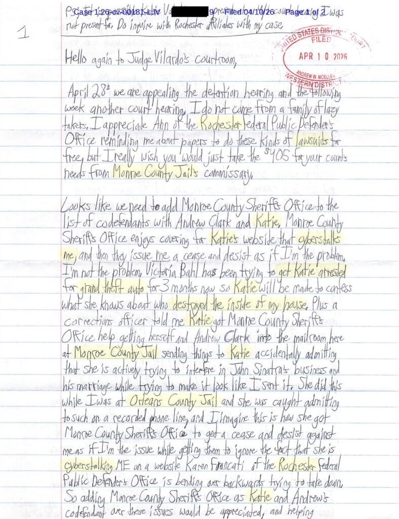 a letter from luke wenke to federal judge Lawrence Vilardo; April 2026