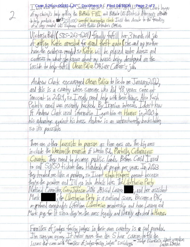 a letter from luke wenke to federal judge Lawrence Vilardo; April 2026