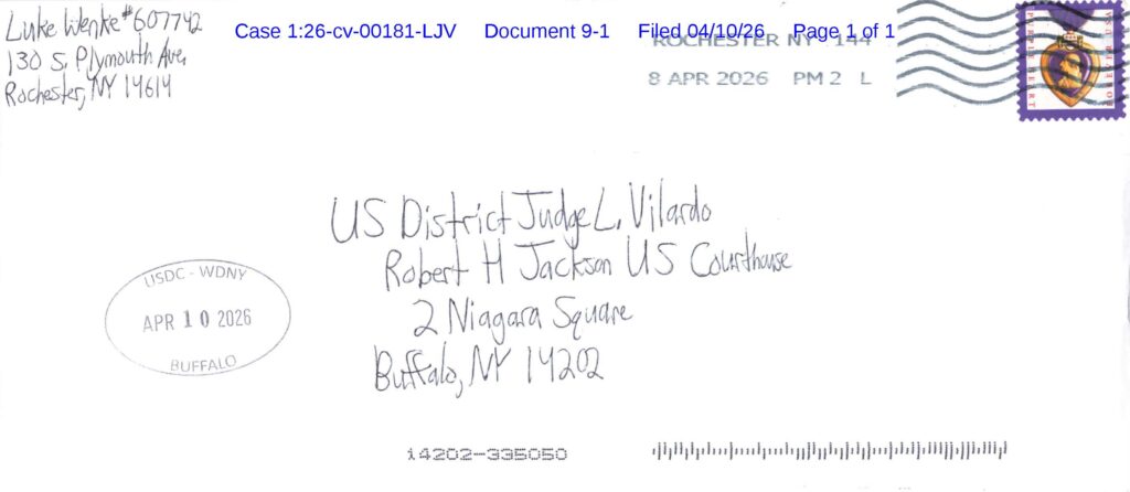 a letter from luke wenke to federal judge Lawrence Vilardo; April 2026