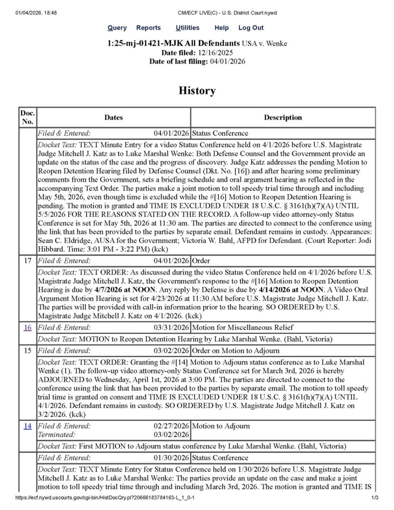 USA v. Luke Wenke docket report for federal cyberstalking case #1:25-mj-01421 