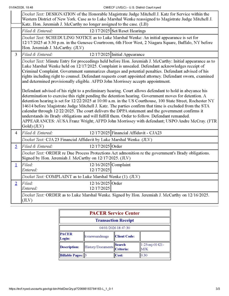 USA v. Luke Wenke docket report for federal cyberstalking case #1:25-mj-01421 