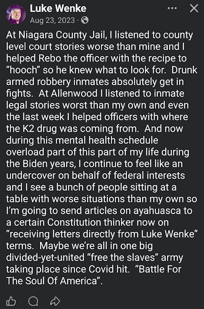 luke wenke brags on facebook about being a snitch in federal prison august 2023 screenshot