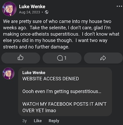 luke wenke falsely claims that someone broke into his olean ny traphouse august 2023 facebook screenshot