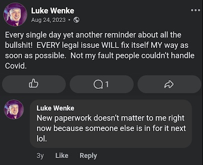 luke wenke complaining about the consequences of his crimes august 2023 facebook screenshot