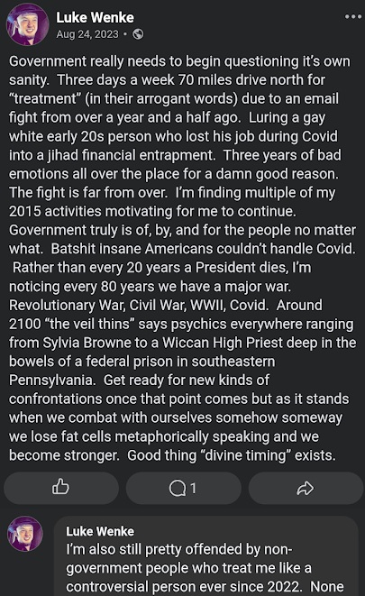 screenshot of an august 2023 facebook post by luke wenke complaining about court-mandated mental health treatment
