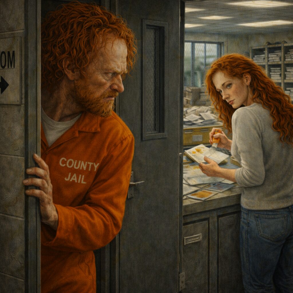 generic balding white inmate with red hair spying on female infiltrating jail mail room