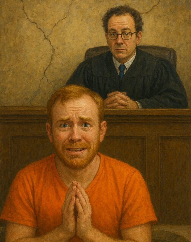 Illustration of a distressed Luke Wenke lookalike in an orange jail uniform pleading before a judge in a courtroom