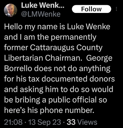 screenshot of a september 2023 Luke Wenke x/twitter post trash talking ny senator george borrello