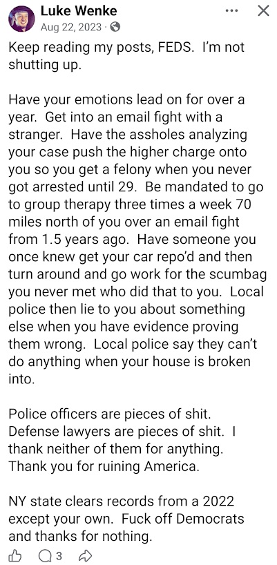 screenshot of an august 2023 luke wenke facebook post taunting the feds who investigated him