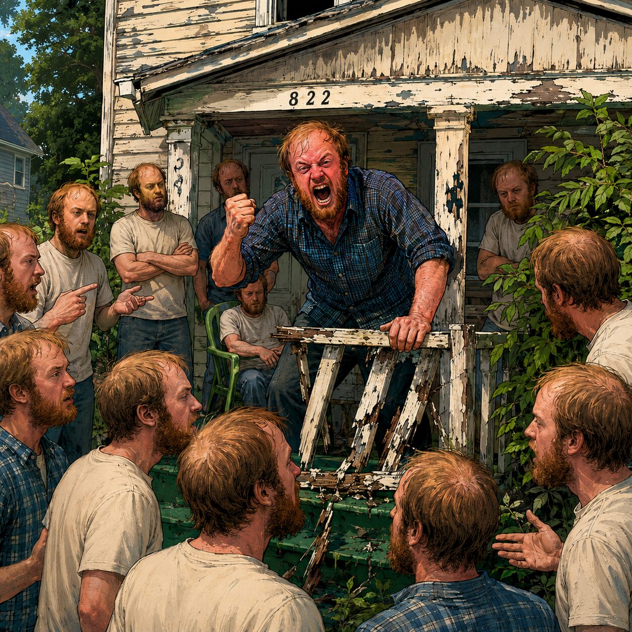 Satirical illustration of multiple Luke Wenke lookalikes arguing outside a rundown house, with one angrily shouting from the porch.