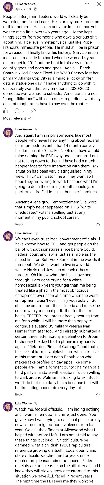 April 2, 2023, Facebook post and comments by Luke Wenke discussing Benjamin Ryan Teeter, criticizing federal officials, claiming the FBI is watching him, and suggesting his actions could fill a federal government aircraft with people.