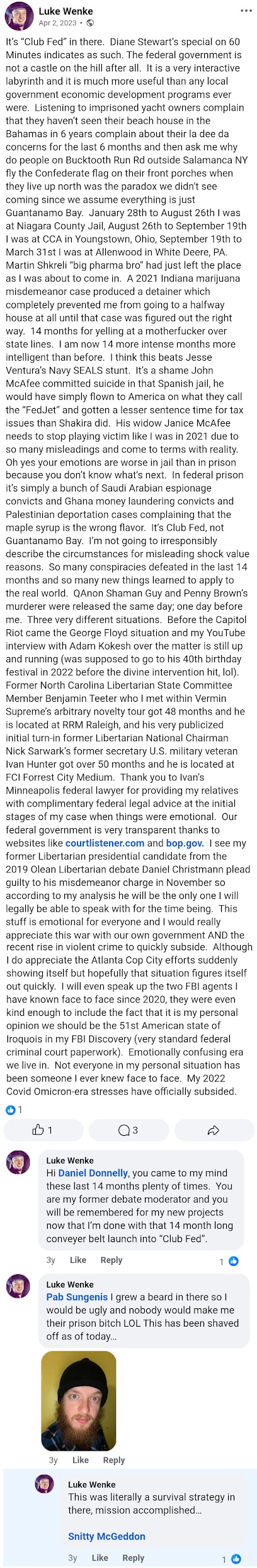 April 2, 2023, Facebook post by Luke Wenke describing his incarceration, referring to federal prison as 
