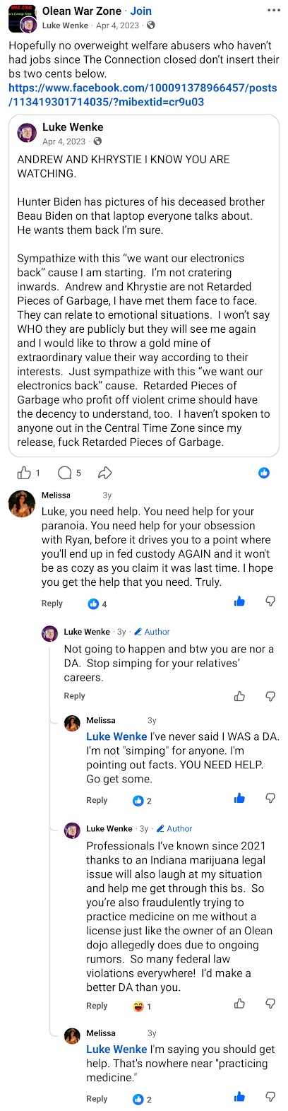 April 4, 2023, Facebook posts by Luke Wenke telling Andrew and Khrystie they are being watched, discussing Hunter Biden's laptop, and exchanging accusations with a commenter about his alleged obsession with Benjamin Ryan Teeter and claims of unlicensed medical practice.