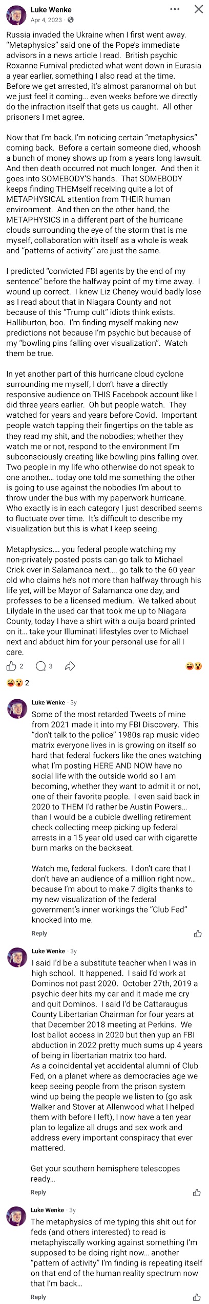 April 4, 2023, Facebook post by Luke Wenke discussing metaphysical predictions, alleged FBI surveillance, government conspiracies, and Salamanca psychic Michael Crick, while claiming he predicted events involving Russia, Ukraine, and federal agents.
