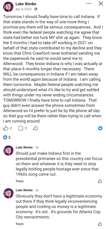 April 4, 2023, Facebook post by Luke Wenke warning of serious consequences for Indiana officials, claiming he was held at FCI Allenwood six months longer than necessary, and accusing Chris Crawford of failing to send promised paperwork.