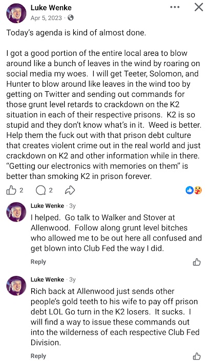 April 5, 2023, Facebook post by Luke Wenke naming Benjamin Ryan Teeter, Solomon, and Hunter while urging a crackdown on K2 synthetic drugs in federal prisons and making allegations about inmates, prison staff, and stolen gold teeth.