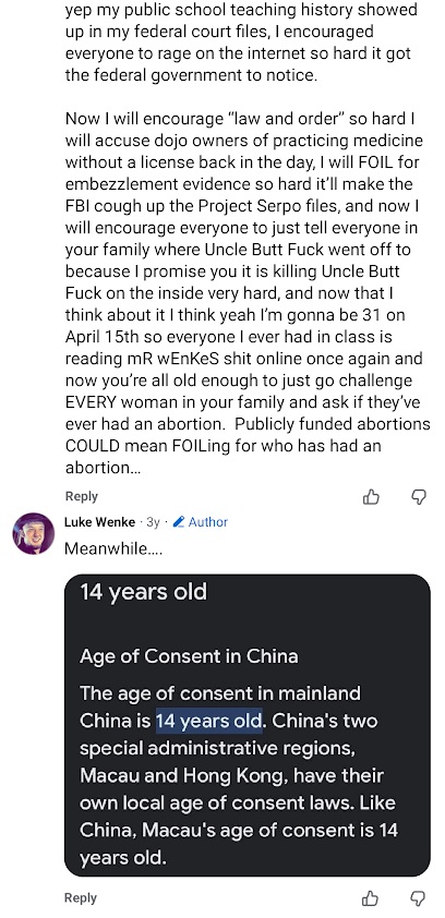 April 5, 2023, Facebook comments by Luke Wenke encouraging people to question female relatives about abortions, suggesting FOIA requests to obtain abortion information, and sharing an image claiming China's age of consent is 14.