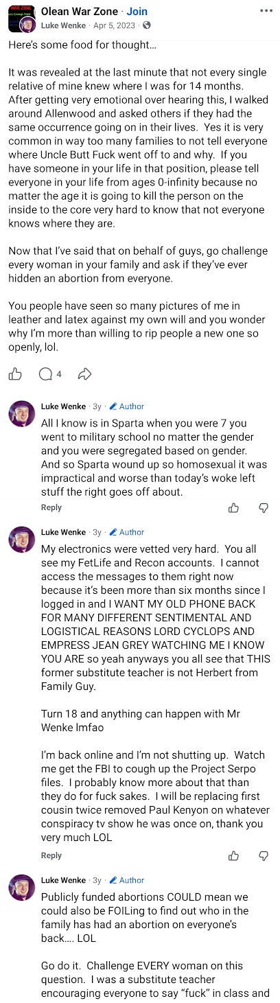 April 5, 2023, Facebook post and comments by Luke Wenke urging people to question female relatives about past abortions, suggesting FOIA requests to uncover family abortion histories, and making allegations involving the FBI and his former incarceration at FCI Allenwood.