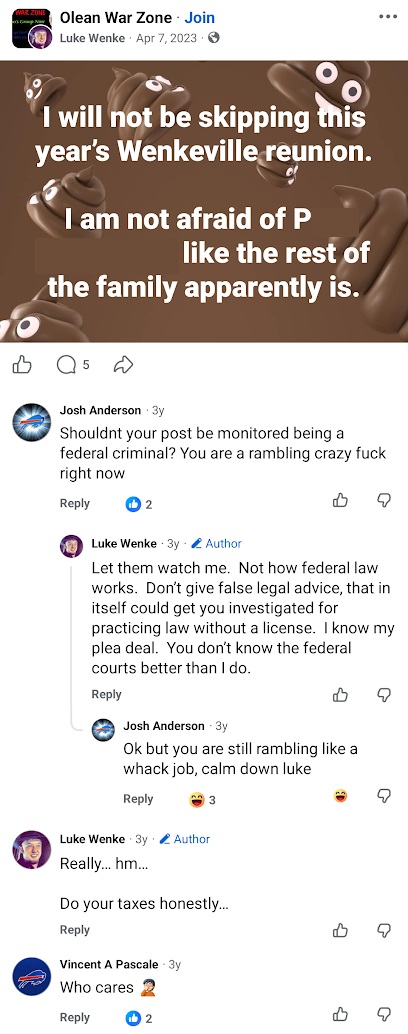 April 7, 2023, Facebook post by Luke Wenke declaring he will attend the Wenkeville family reunion despite family tensions, followed by an argument with a commenter about his federal criminal conviction, plea agreement, and legal knowledge.