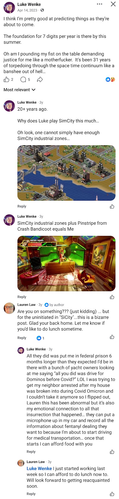 April 14, 2023, Facebook post by Luke Wenke predicting he will establish a seven-figure annual income, demanding justice, and discussing SimCity, his federal imprisonment, and allegations involving law enforcement.