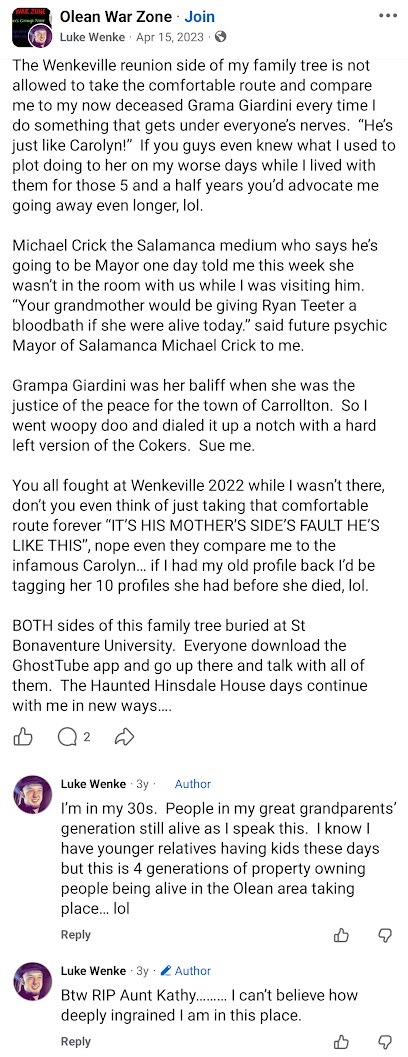 April 15, 2023, Facebook post by Luke Wenke claiming Salamanca psychic Michael Crick predicted a family bloodbath involving Benjamin Ryan Teeter, while discussing his deceased grandmother, Judge Carolyn Giardini, the Wenkeville family reunion, and paranormal experiences.