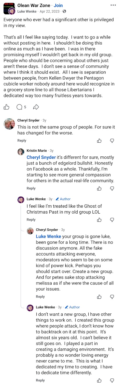 April 22, 2023, Facebook post by Luke Wenke expressing frustration with his Olean War Zone group, criticizing its lack of community, and discussing his personal isolation. Commenters accuse him of contributing to a hostile environment and suggest starting a new group.