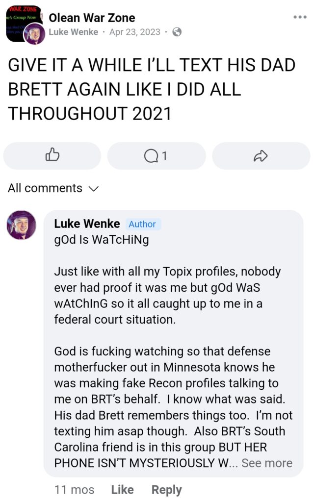 April 23, 2023, Facebook post by Luke Wenke stating he intends to resume texting Benjamin Ryan Teeter’s father, Brett, as he did throughout 2021. In the comments, Wenke discusses his past Topix profiles and accuses a Minnesota defense lawyer of creating fake Recon profiles to communicate with him on Teeter’s behalf.