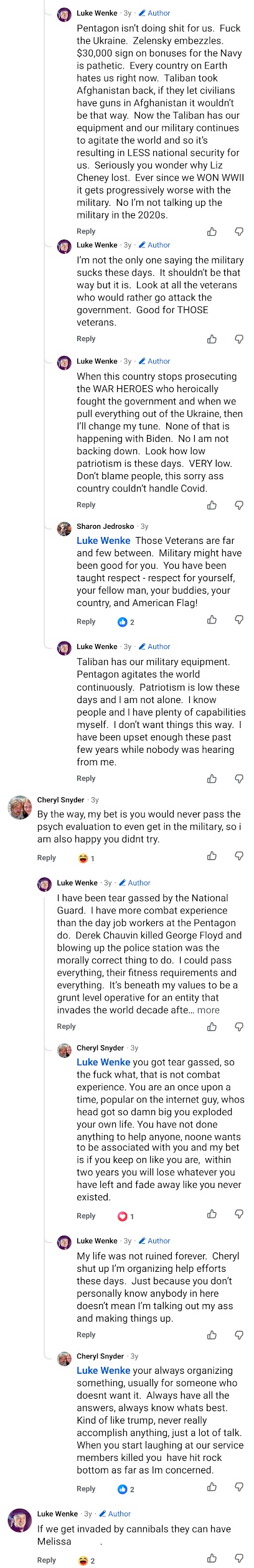 April 23, 2023, Facebook comments by Luke Wenke criticizing the U.S. military and Pentagon, accusing Ukrainian President Volodymyr Zelenskyy of embezzlement, claiming the Taliban possesses American military equipment, and arguing with military families about veterans, patriotism, and war heroes.