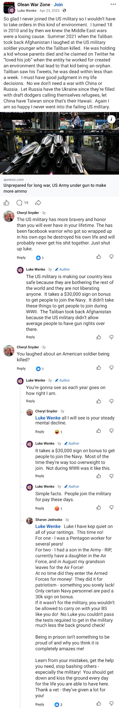 April 23, 2023, Facebook post by Luke Wenke describing laughing at a young American soldier killed by the Taliban, criticizing the U.S. military, supporting Russian control of Ukraine and Chinese control of Taiwan, and arguing with military families over his remarks.