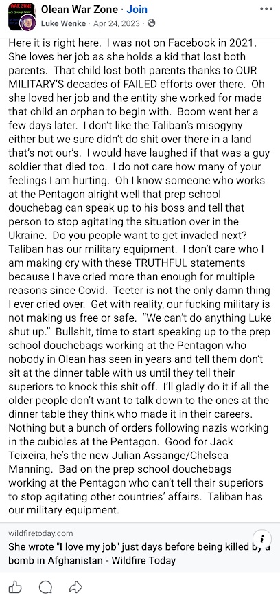 April 24, 2023, Facebook post by Luke Wenke discussing a female U.S. soldier killed in an Afghanistan bombing, stating he would have laughed if the victim were male, criticizing the military and Pentagon employees, and making hostile remarks about American military operations.