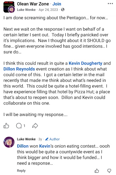 April 24, 2023, Facebook post by Luke Wenke announcing he is awaiting a response to a letter, discussing his grievances involving the Pentagon, and proposing a public event featuring Kevin Dougherty and Dillon Reynolds at a hotel near Pizza Hut.