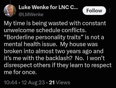 Screenshot of an August 2023 Luke Wenke post rejecting “borderline personality traits” as a mental health issue while complaining about schedule conflicts, a past break-in, and feeling disrespected.