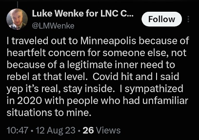 Screenshot of an August 2023 Luke Wenke post saying he traveled to Minneapolis out of concern for someone else and sympathized with people whose circumstances differed from his own.