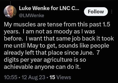 Screenshot of an August 2023 Luke Wenke post discussing physical tension from the previous 18 months, saying he is less moody, and expressing a desire to return to his former job.