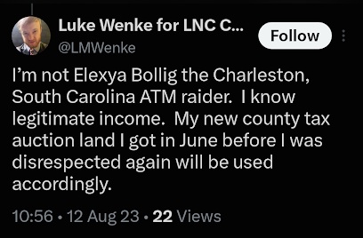 Screenshot of an August 2023 Luke Wenke post claiming Elexya Bollig was a Charleston, South Carolina “ATM raider” while contrasting her with his own income and tax-auction property.
