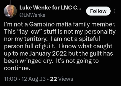 Screenshot of an August 2023 Luke Wenke post saying he is “not a Gambino mafia family member,” rejecting the idea of “laying low,” and discussing guilt connected to events in January 2022.