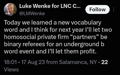 August 17, 2023, screenshot of Luke Wenke proposing that two gay private law firm partners serve as referees at an underground event and profit from their participation.