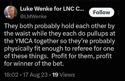 August 17, 2023, screenshot of Luke Wenke speculating that two unnamed individuals hold each other by the waist while doing pull-ups at the YMCA and discussing a bet involving them.