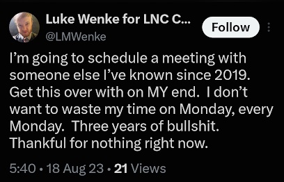 Screenshot of an August 18, 2023, social media post in which Luke Wenke announces plans to schedule a meeting with someone he has known since 2019, expresses frustration over three years of unresolved issues, and says he wants to get the matter over with.